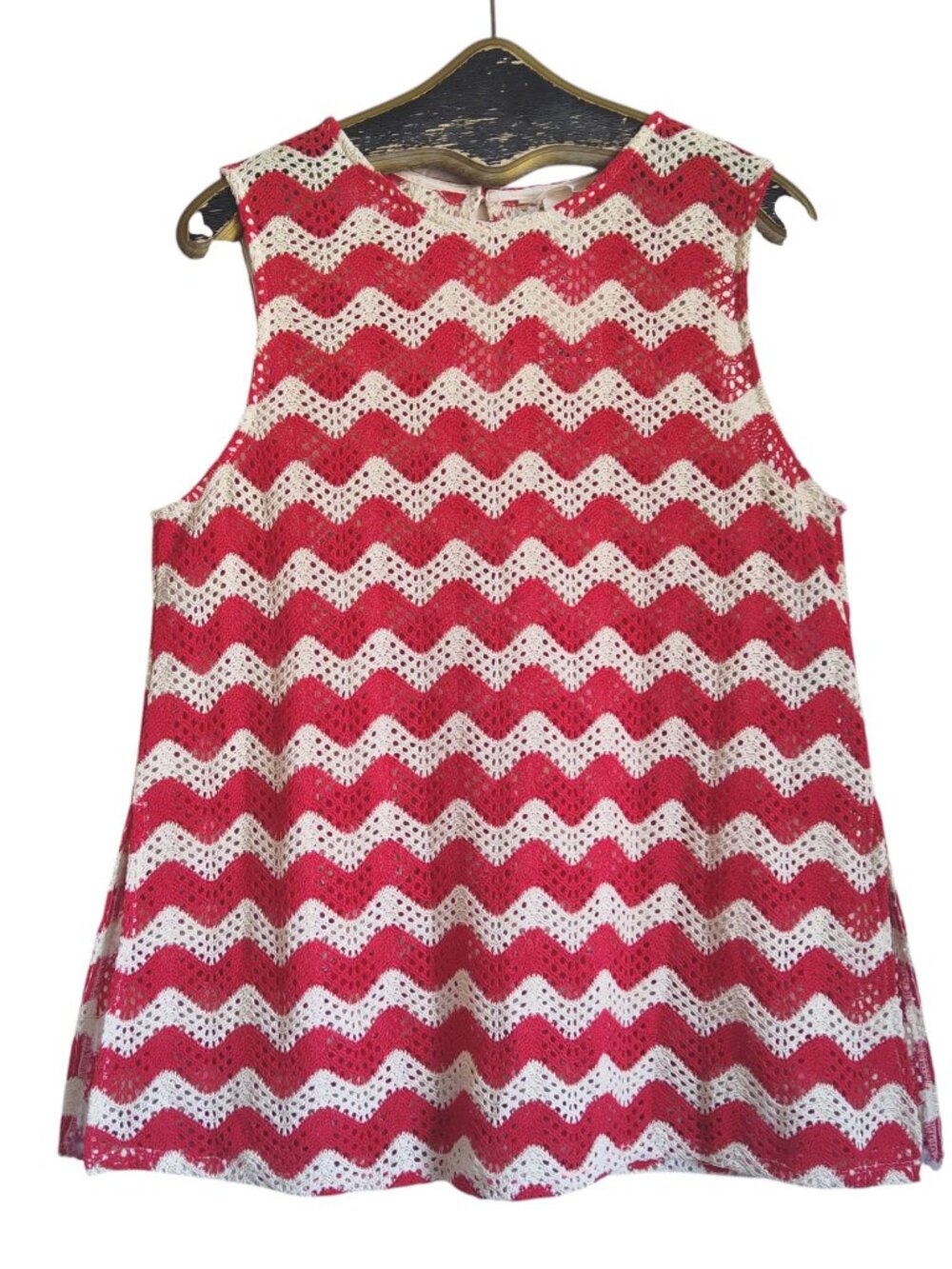 H&M Chevron Stripe Open Knit Tunic Top Boho Coastal Euro Summer Red Cream XL NWT